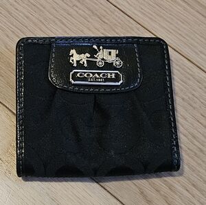Coach Black Wallet with Silver Logo, Snap Closure And Pink Lining